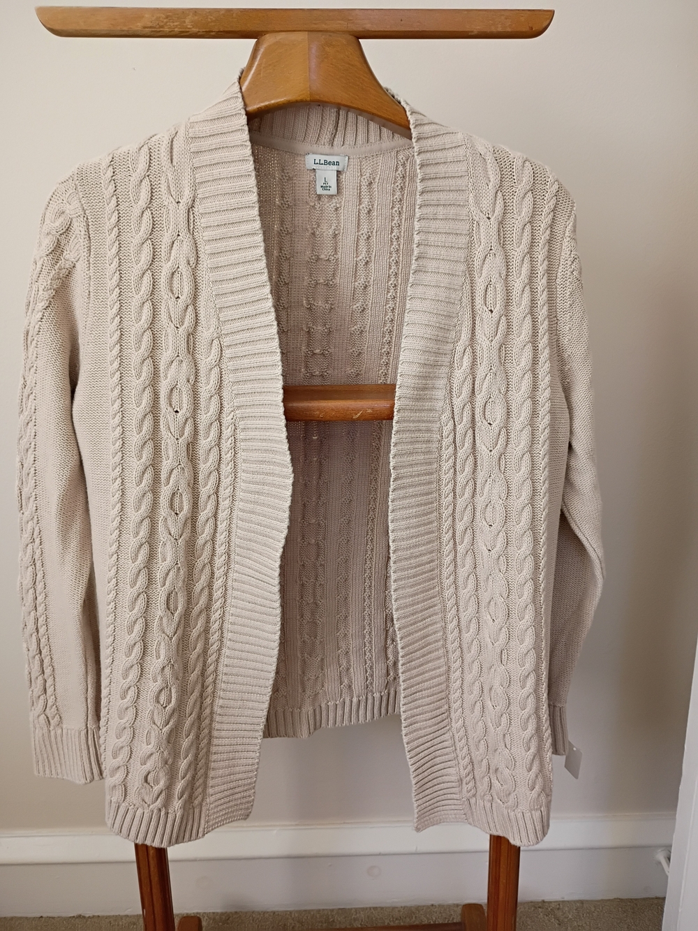 L.L. Bean Beige Cable-Knit Open Cardigan